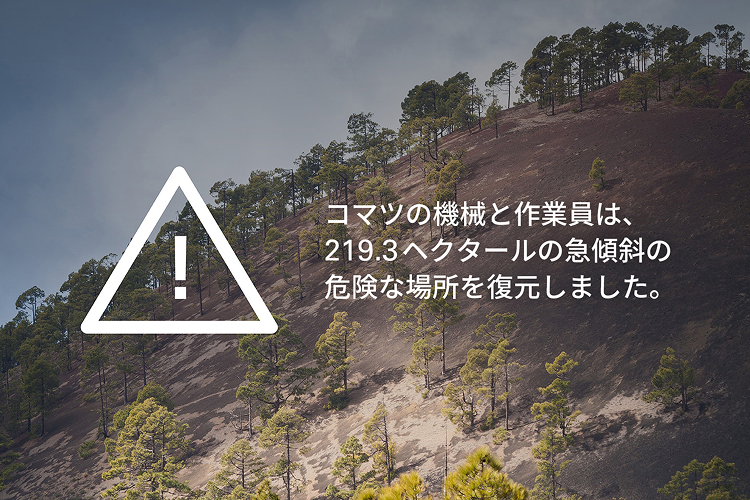 コマツの機械と作業員は、219.3ヘクタールの急傾斜の危険な場所を復元しました。
